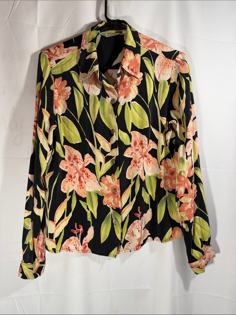Vintage Tommy Bahama Silk Floral Button-Front Long-Sleeve Blouse Size Small